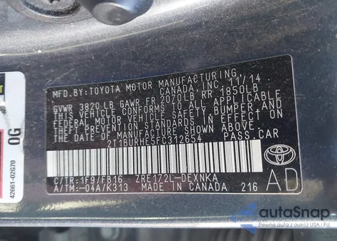 2015 Toyota Corolla Le Plus from USA, damaged, VIN 2T1BURHE5FC312654